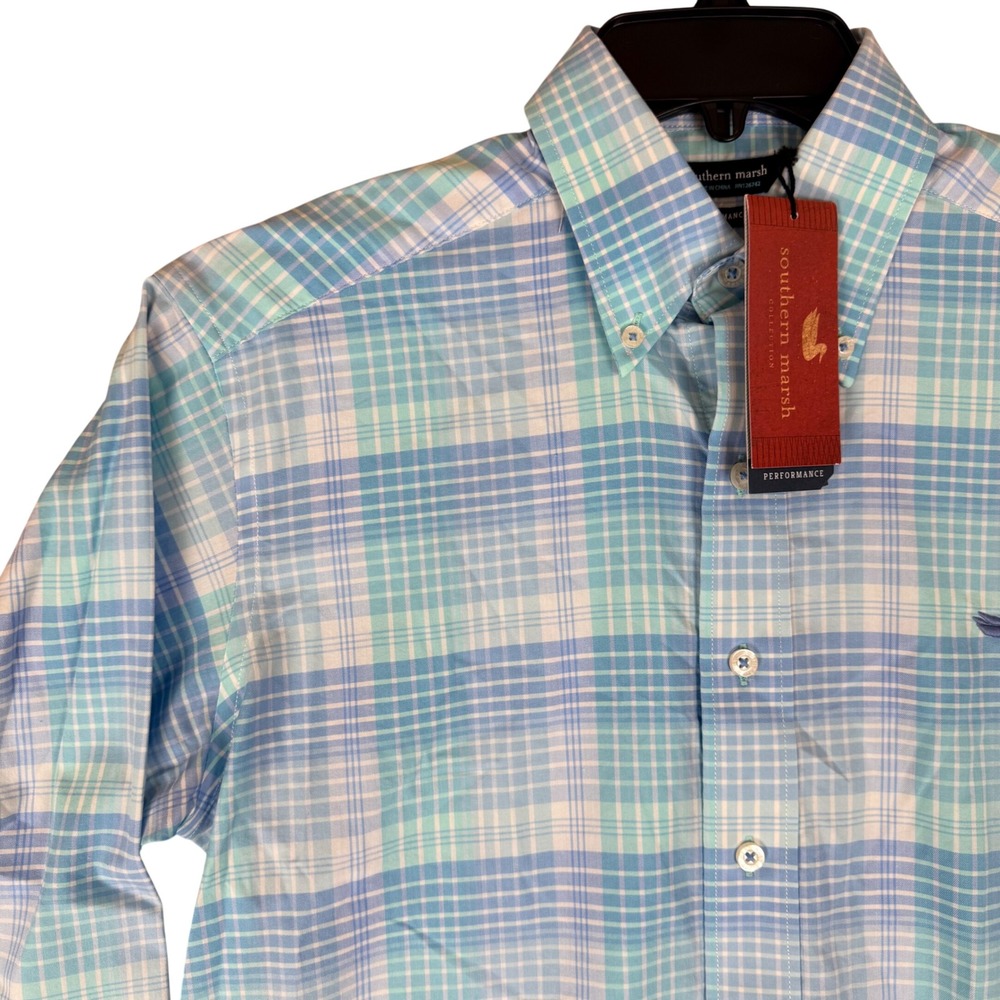 NWT Southern Marsh Dress Shirt Small Bayamon Performance Plaid Mint Blue Prep